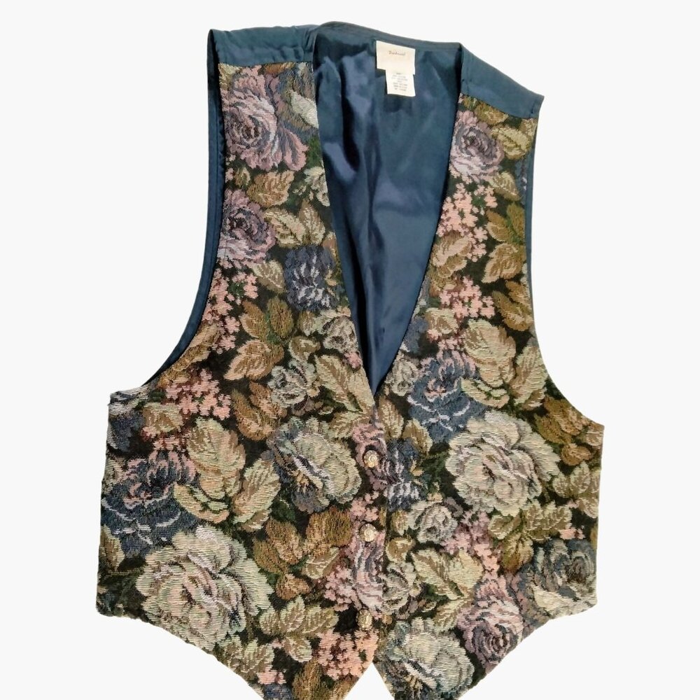 Backroad Blues Brocade Vest Floral tapestry Womens L Large Lined Grampa Core USA